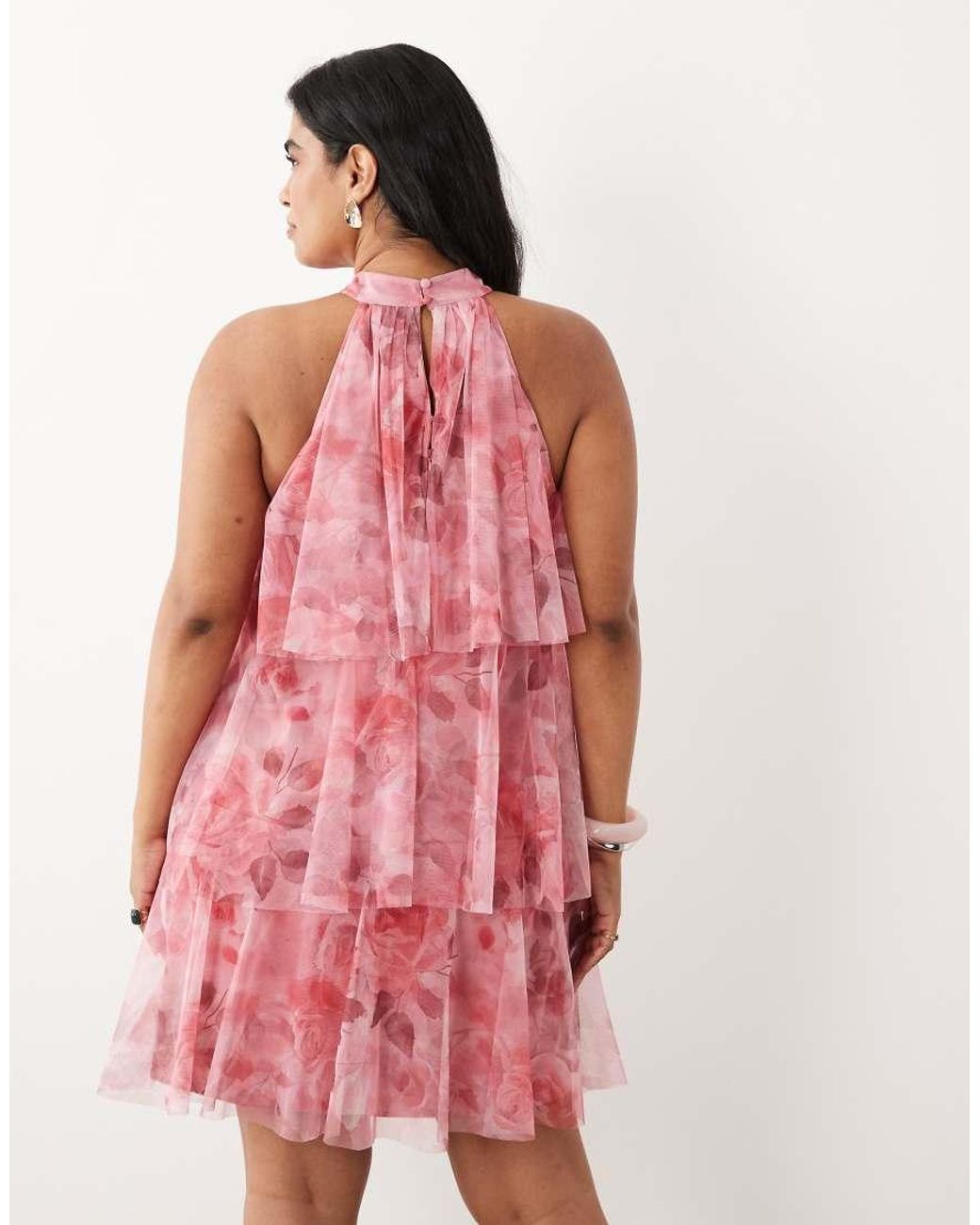 Lace & Beads Plus Pink Tulle High Neck Layered Mini Dress
