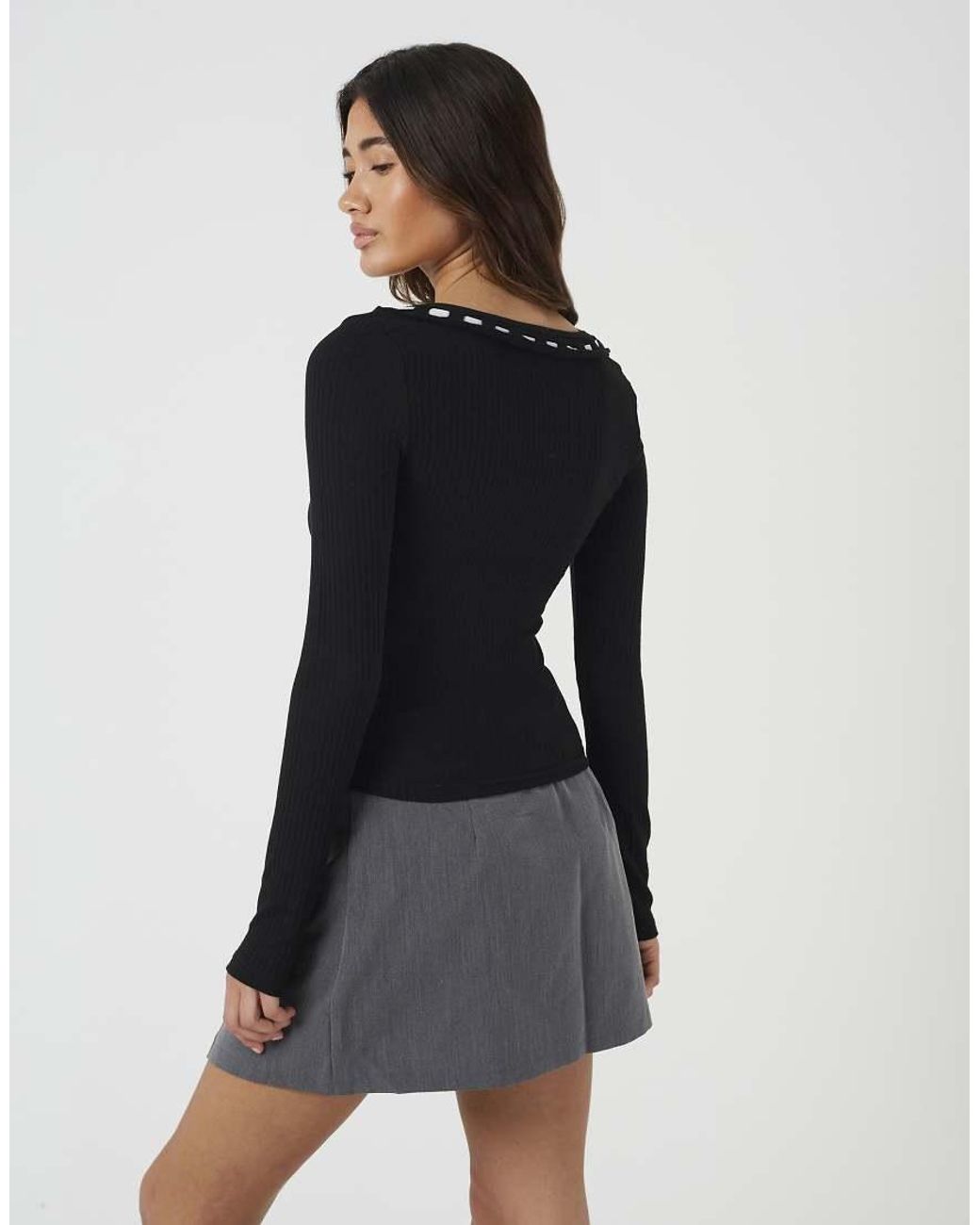 Brave Soul Blue Ribbed Long Sleeve Top With Bow Detail