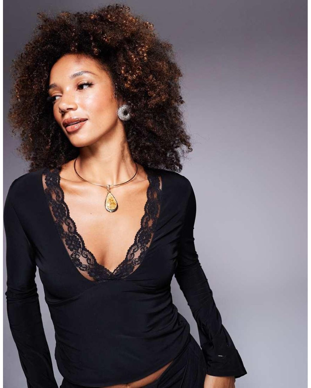 ASOS Slinky Plunge Lace Trim V Neck Top With Flared Sleeves in Black Lyst UK