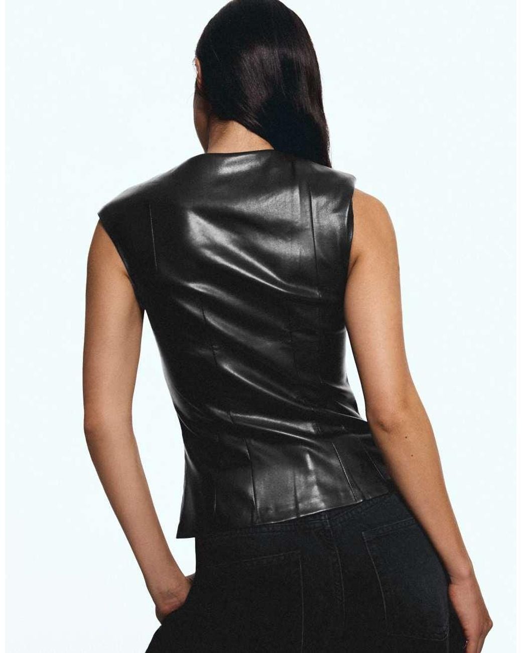 Bershka Blue Sleeveless Leather Effect Cut-out Top