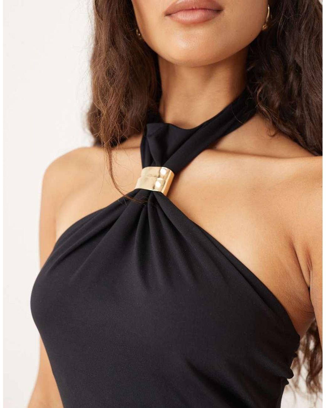 ASOS Blue High Neck Maxi Sleeveless Dress With Gold Metal Hardware Trim Detail