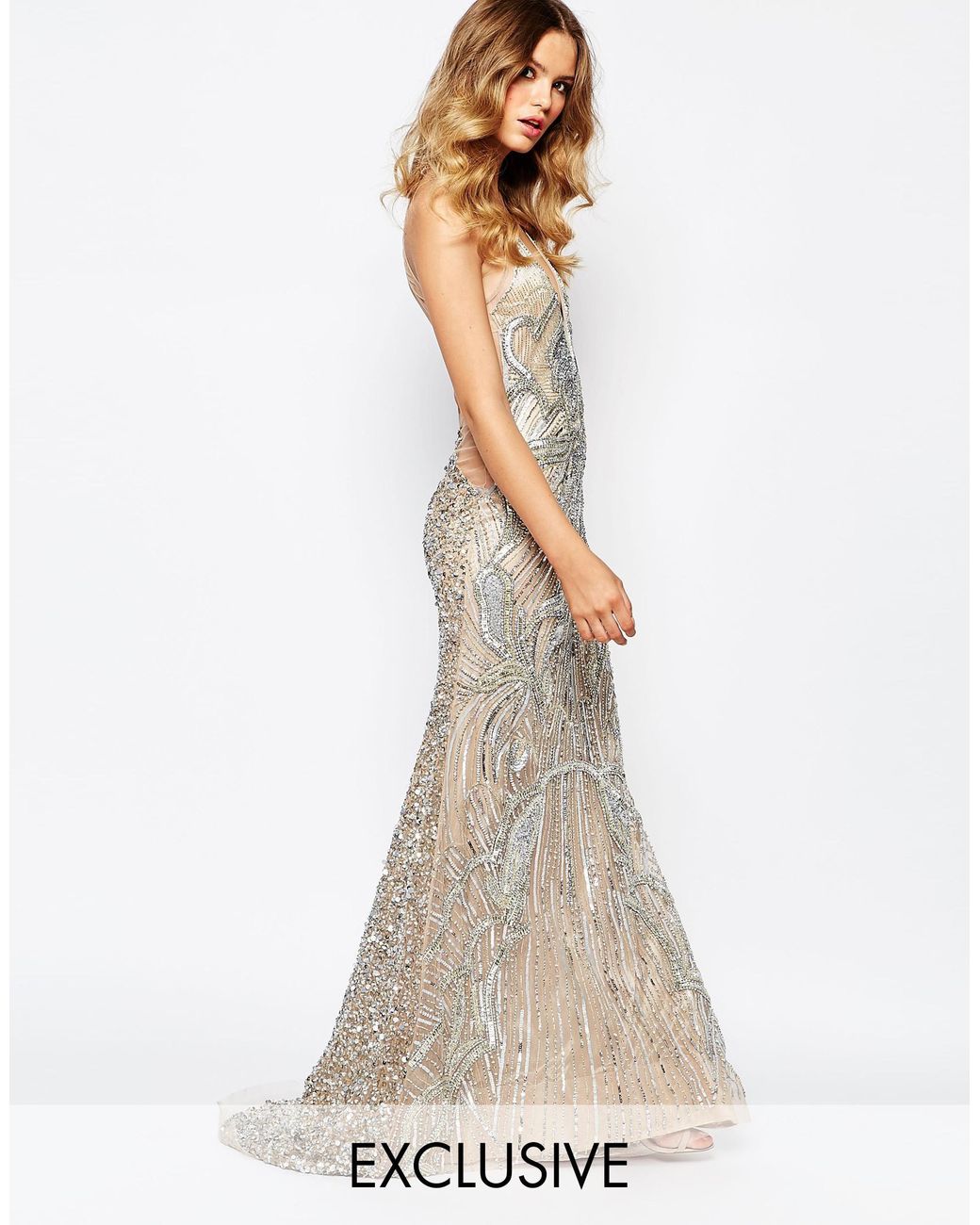 A Star Is Born Luxe Embellished Maxi Dress With Red Carpet Train in