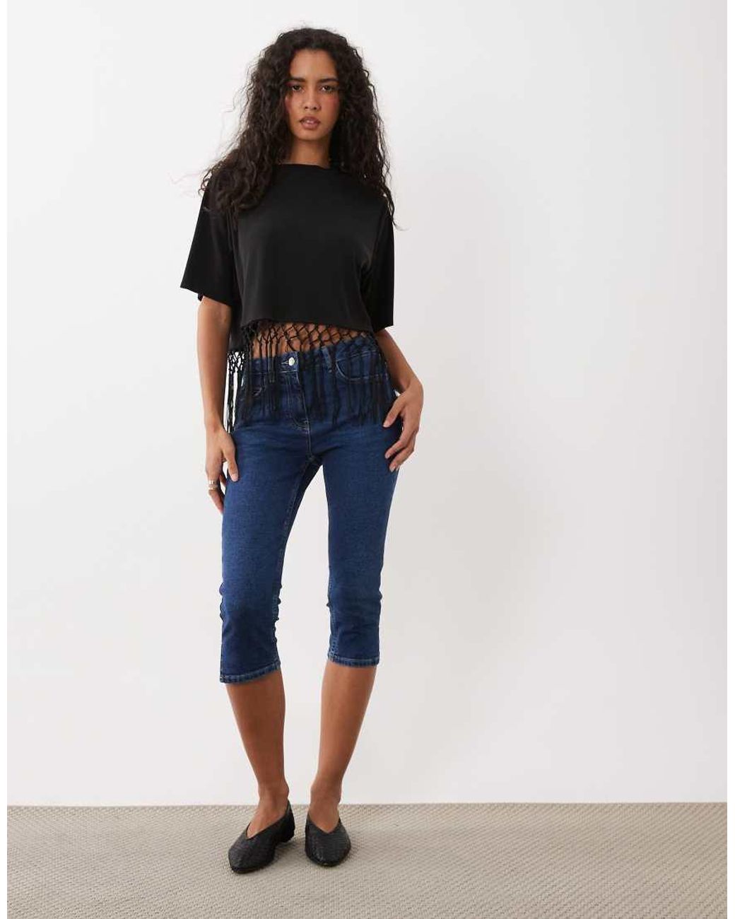ASOS Black Premium Short Sleeve Crop Top With Lattice Fringing
