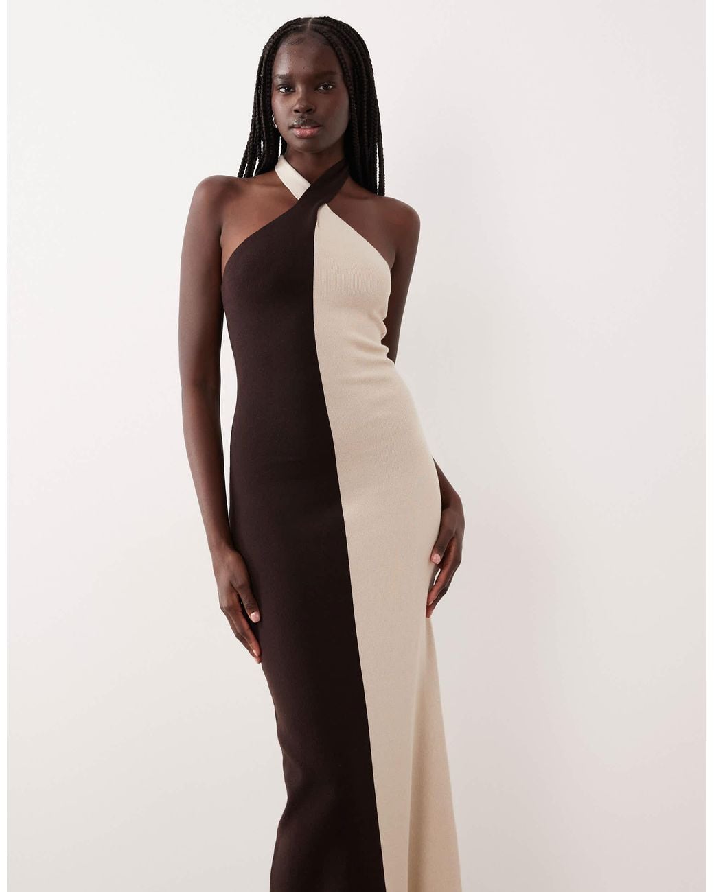 Pretty Lavish Knit Twist Halter Neck Color Block Maxi Dress in Natural ...