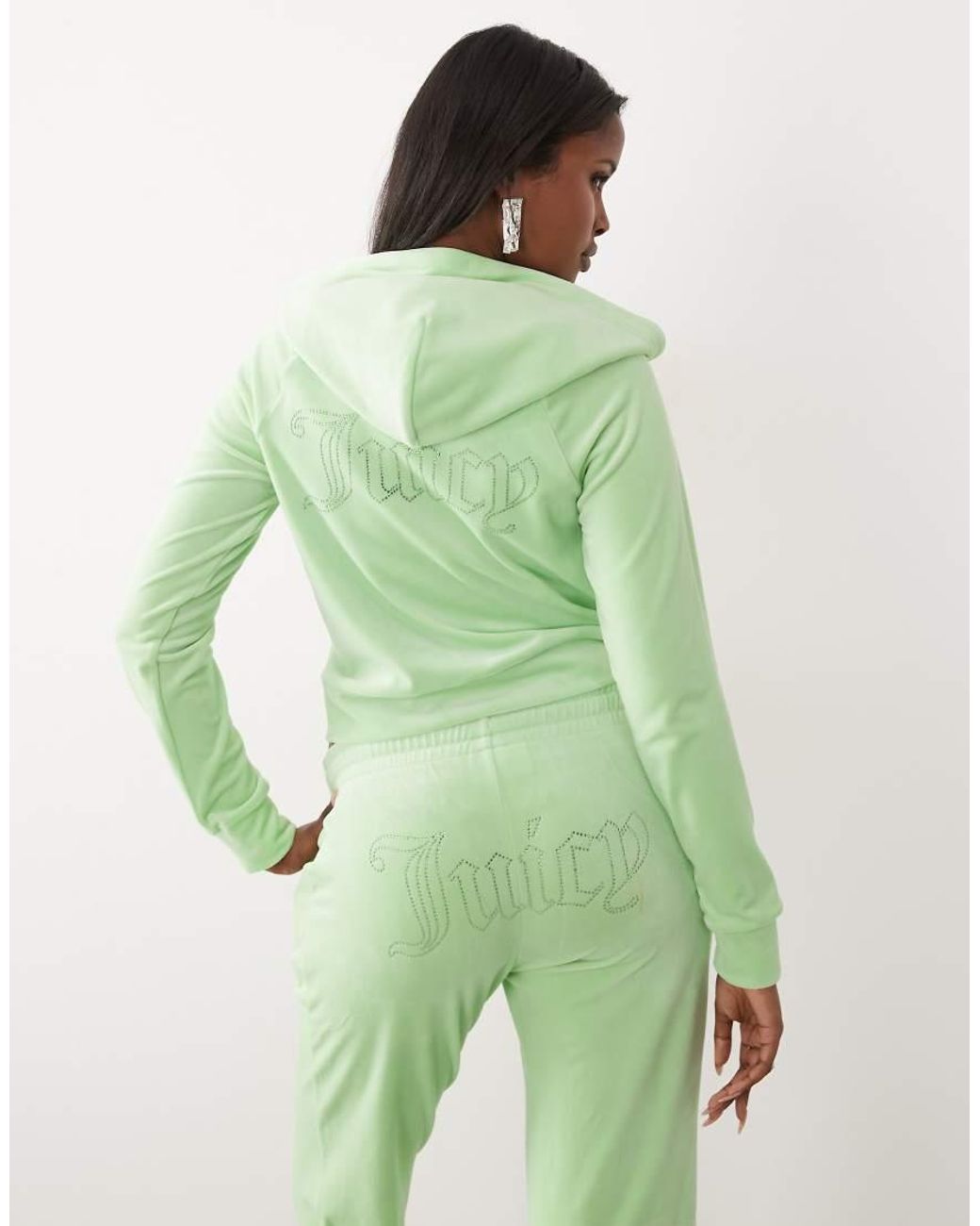 Juicy Couture Green Velour Diamante Logo Detail Zip Through Hoodie Co-ord