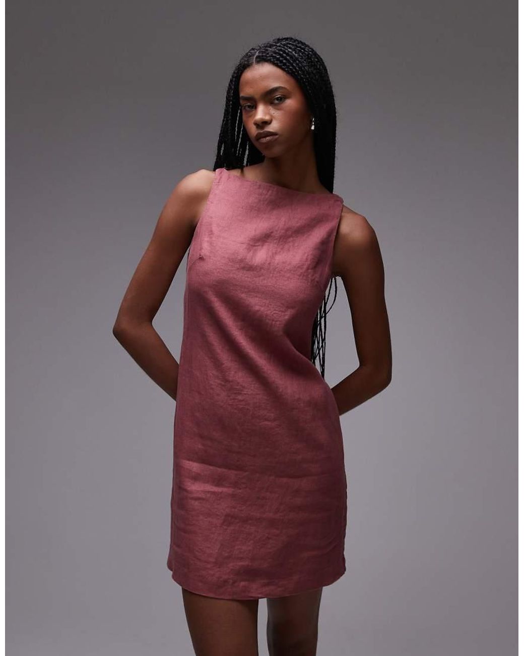& Other Stories Red Linen Mini Dress With Boat Neck