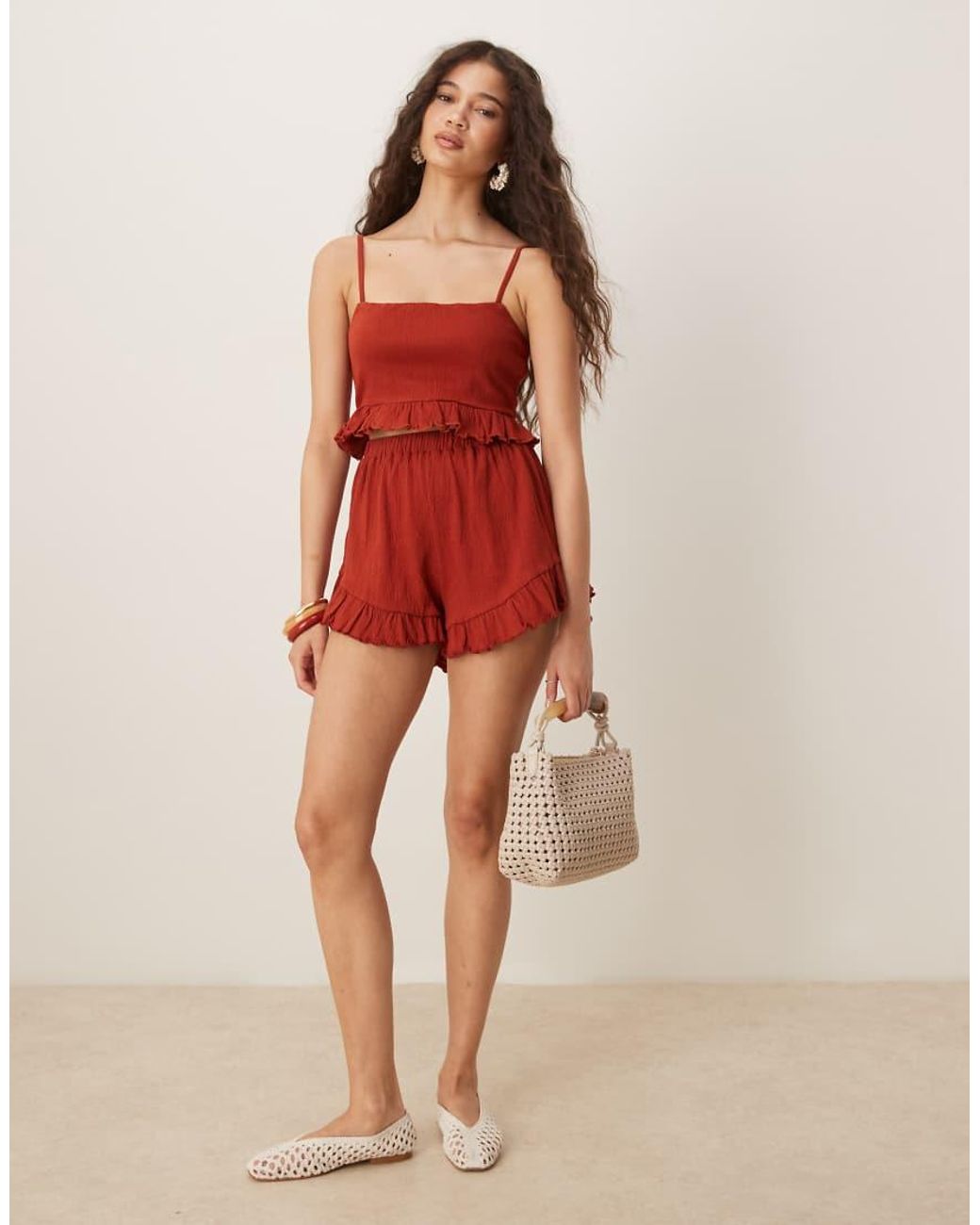 ASOS Red Co-ord Crinkle Frill Hem Cami Crop Top