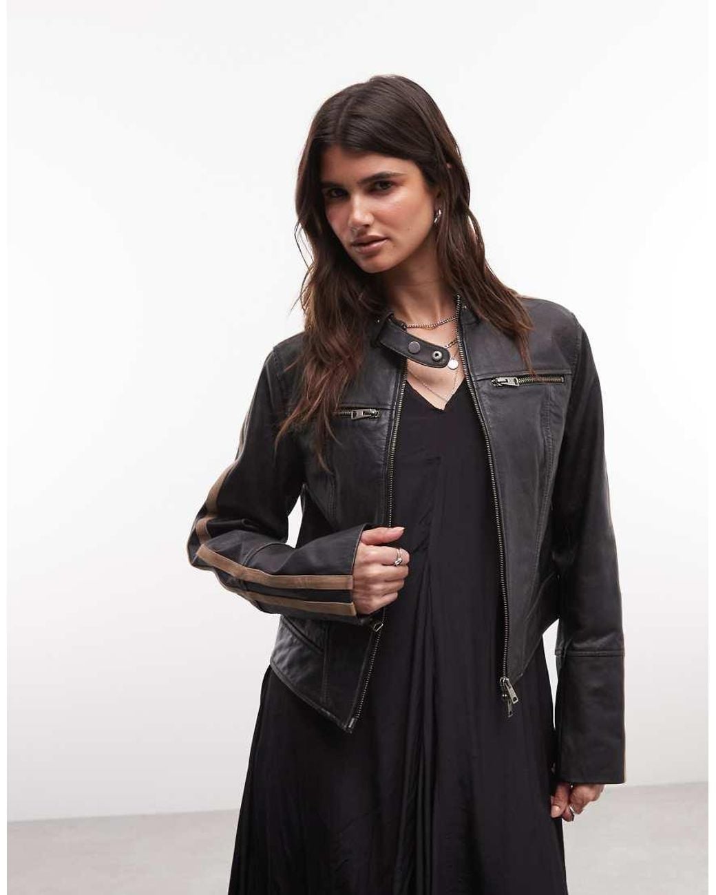 AllSaints Black tiggy Leather Biker Jacket With Racer Stripes And Zip Details