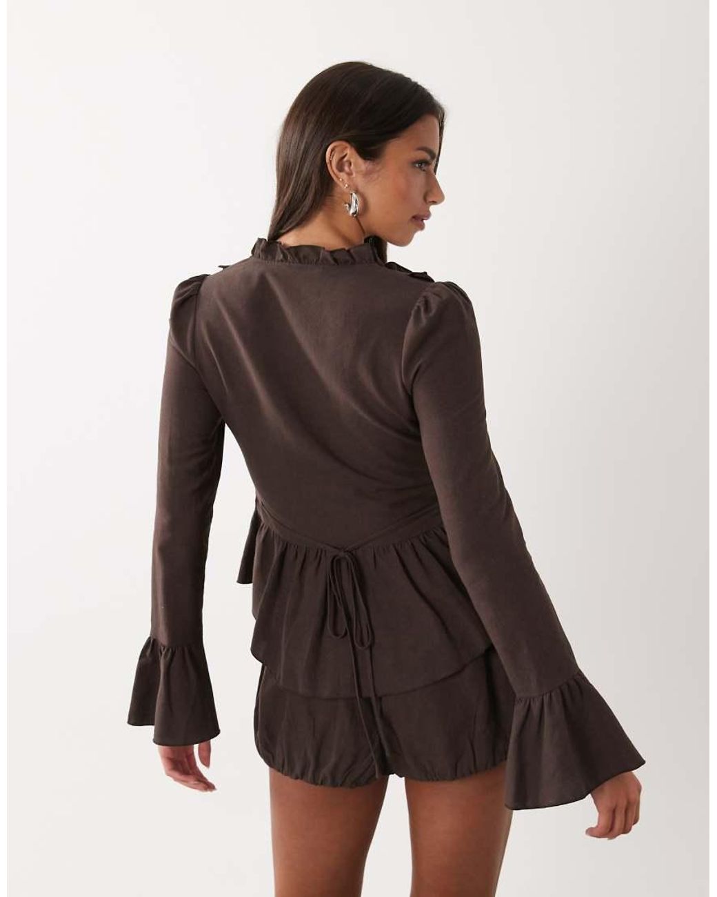 Lioness Brown Odette Linen Rich Ruffle Detail Long Sleeve Flare Sleeve Top Co-ord