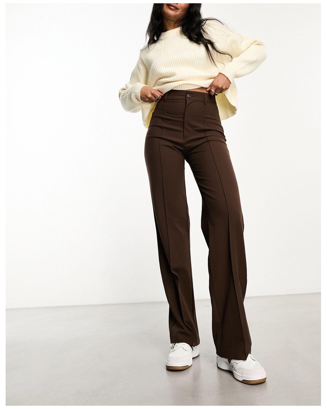 Pull&Bear Pantalon droit ajusté à taille haute avec surpiqûres devant - marron  chocolat femme