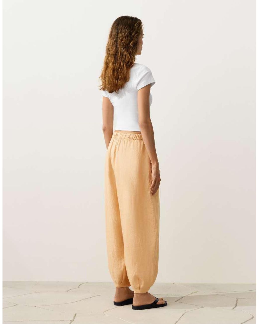 Oysho Natural 100% Linen Pleated Balloon Trousers