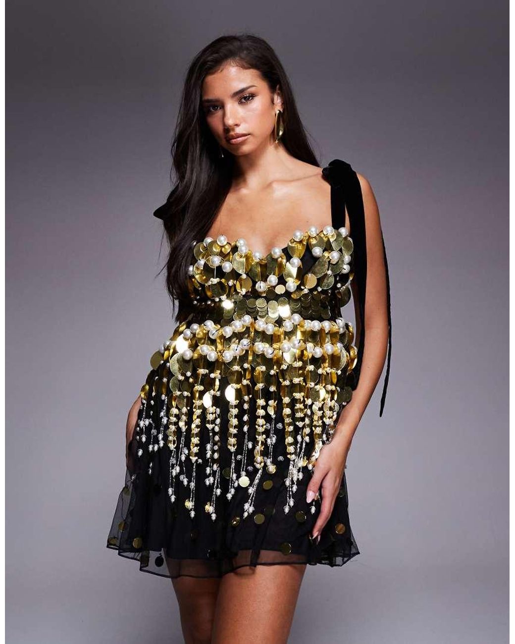 ASOS Black Embellished Gold And Baby Doll Mini Dress With Velvet Tie Straps
