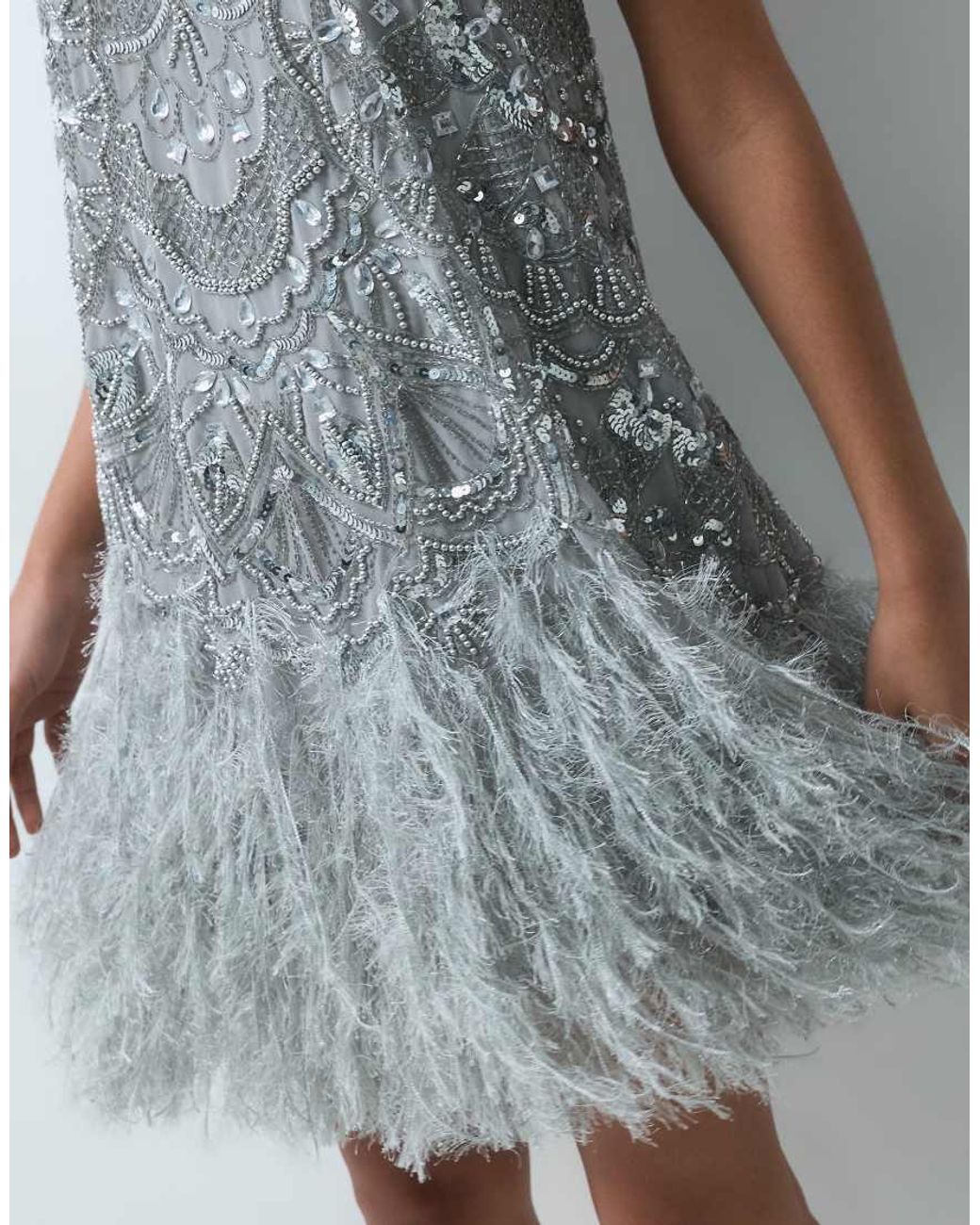 ASOS Gray Embellished Scoop Neck Mini Dress With Faux Feather Hem