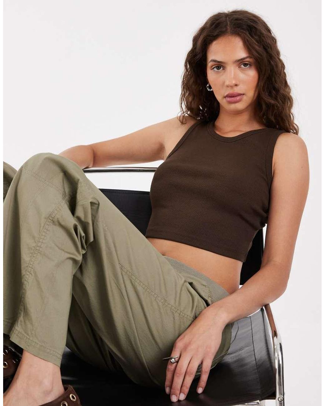 JJXX Brown Fallon Ribbed Cropped Tank Top