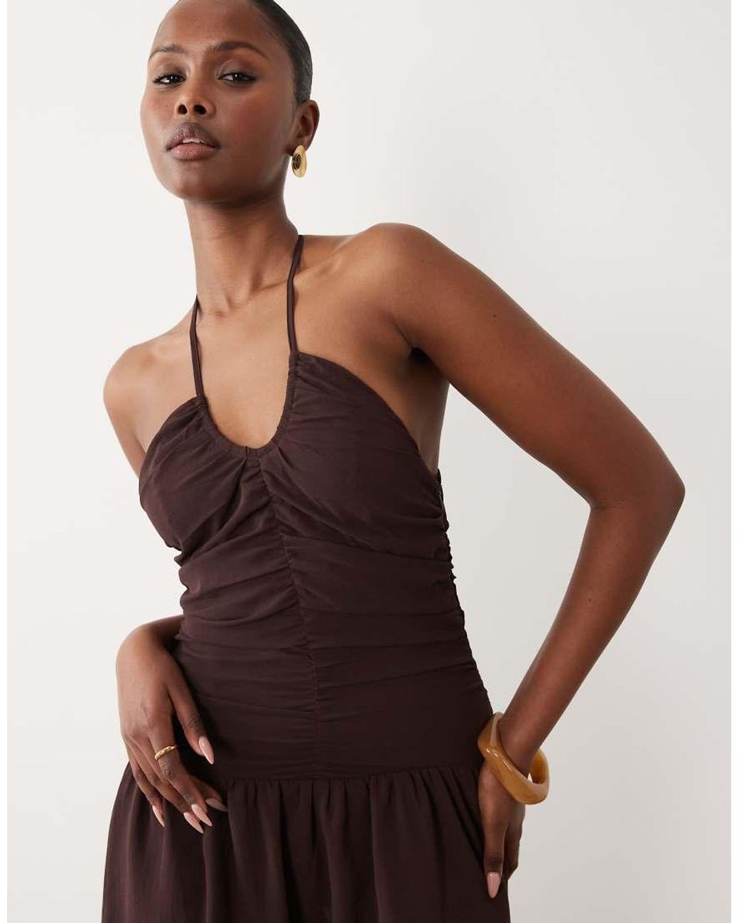 The Frolic Natural Exclusive Chiffon Cross Front Halterneck Asymmetric Mini Dress