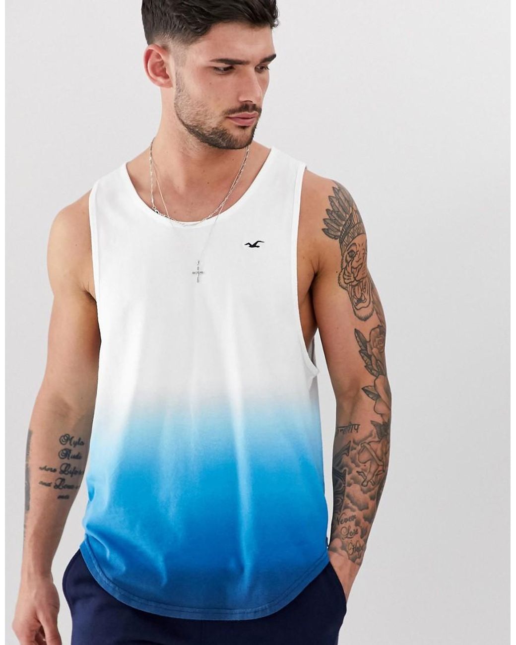 Hollister Icon Logo Curved Hem Vest In White To Blue Dip Dye For