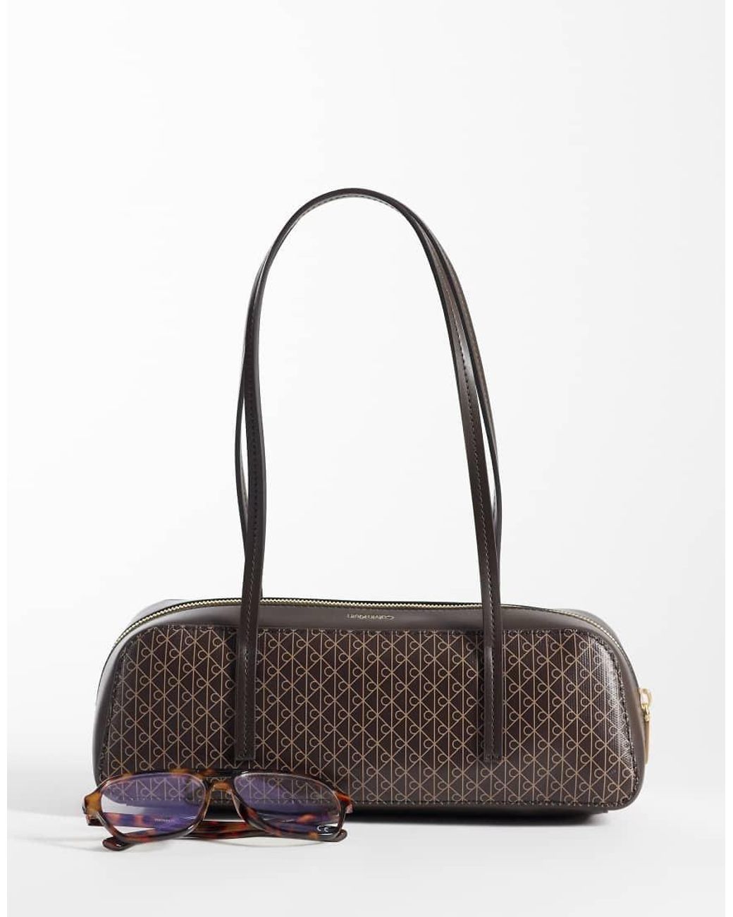 Calvin Klein Brown Bauletto Shoulder Bag With All Over Emblem Print