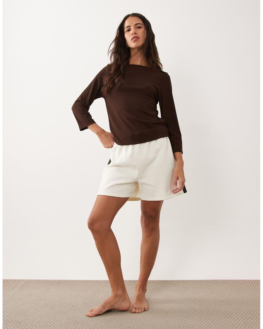 ASOS Brown Lounge Mix And Match Rib 3/4 Sleeve Boatneck Top