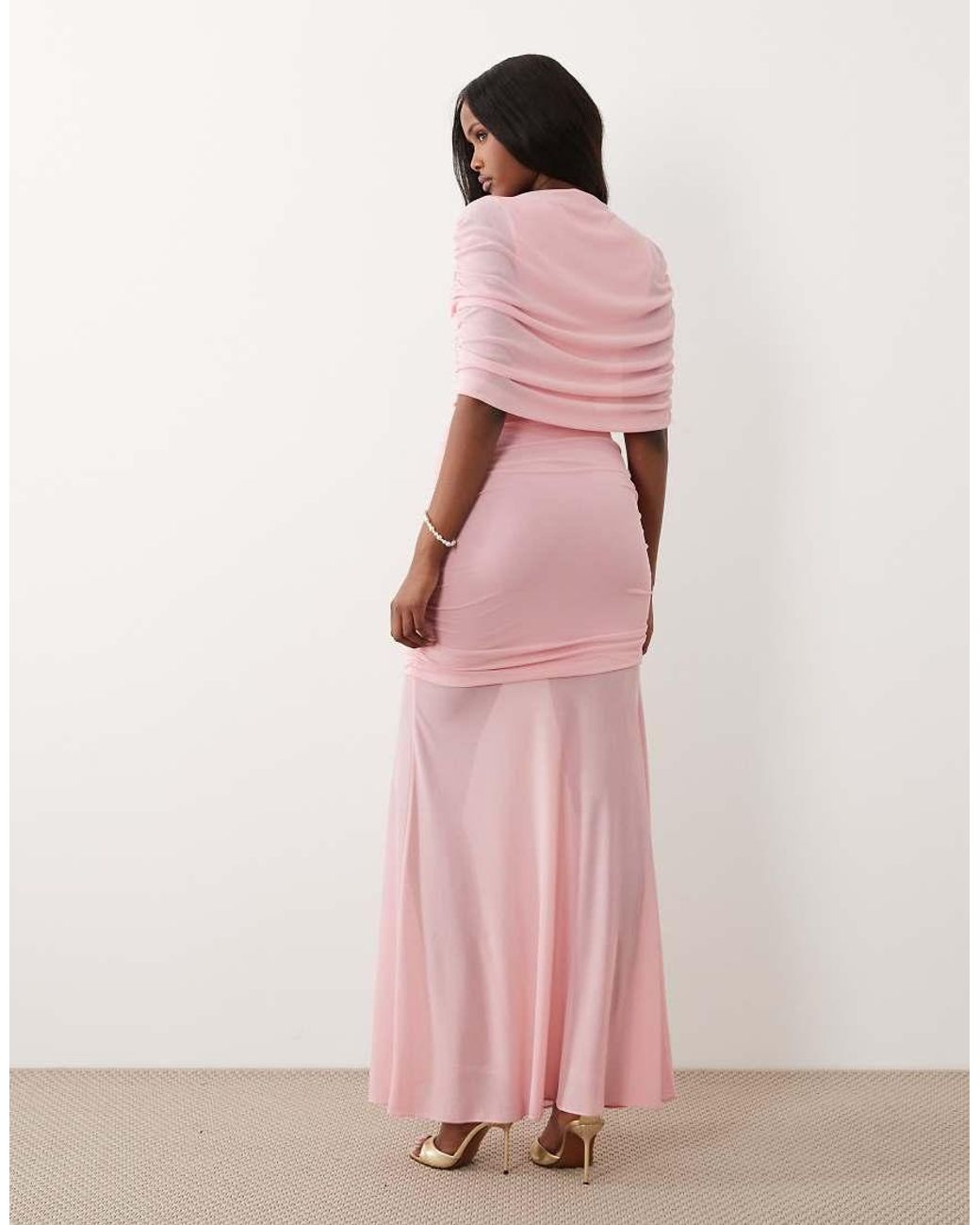 Forever New Pink Mesh Boat Neck Cape Detail Maxi Dress