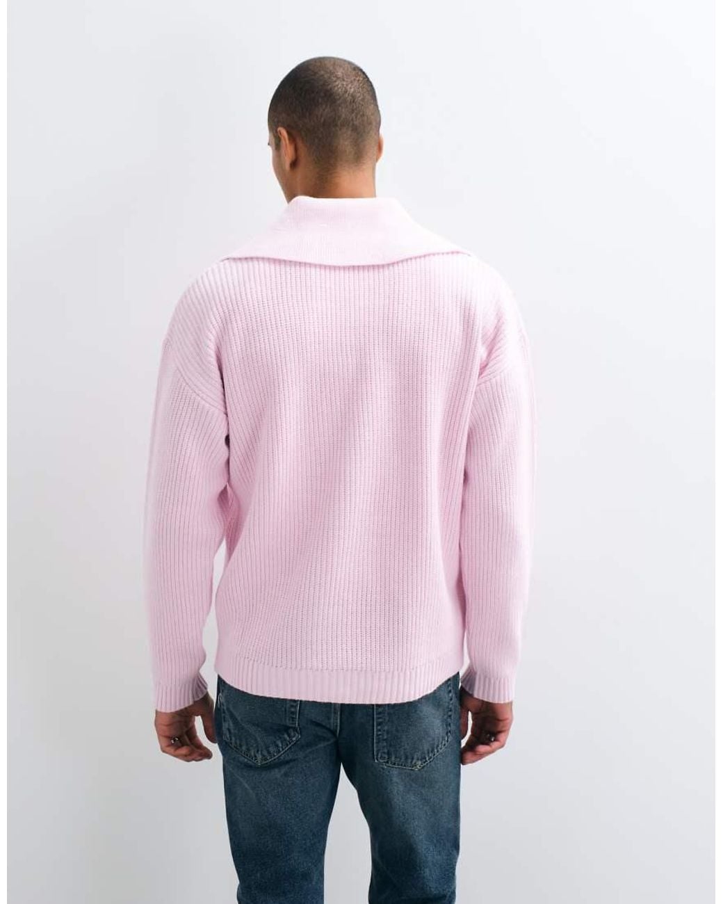 ASOS Pink Oversized Knitted Extreme Open Collar Polo Jumper for men
