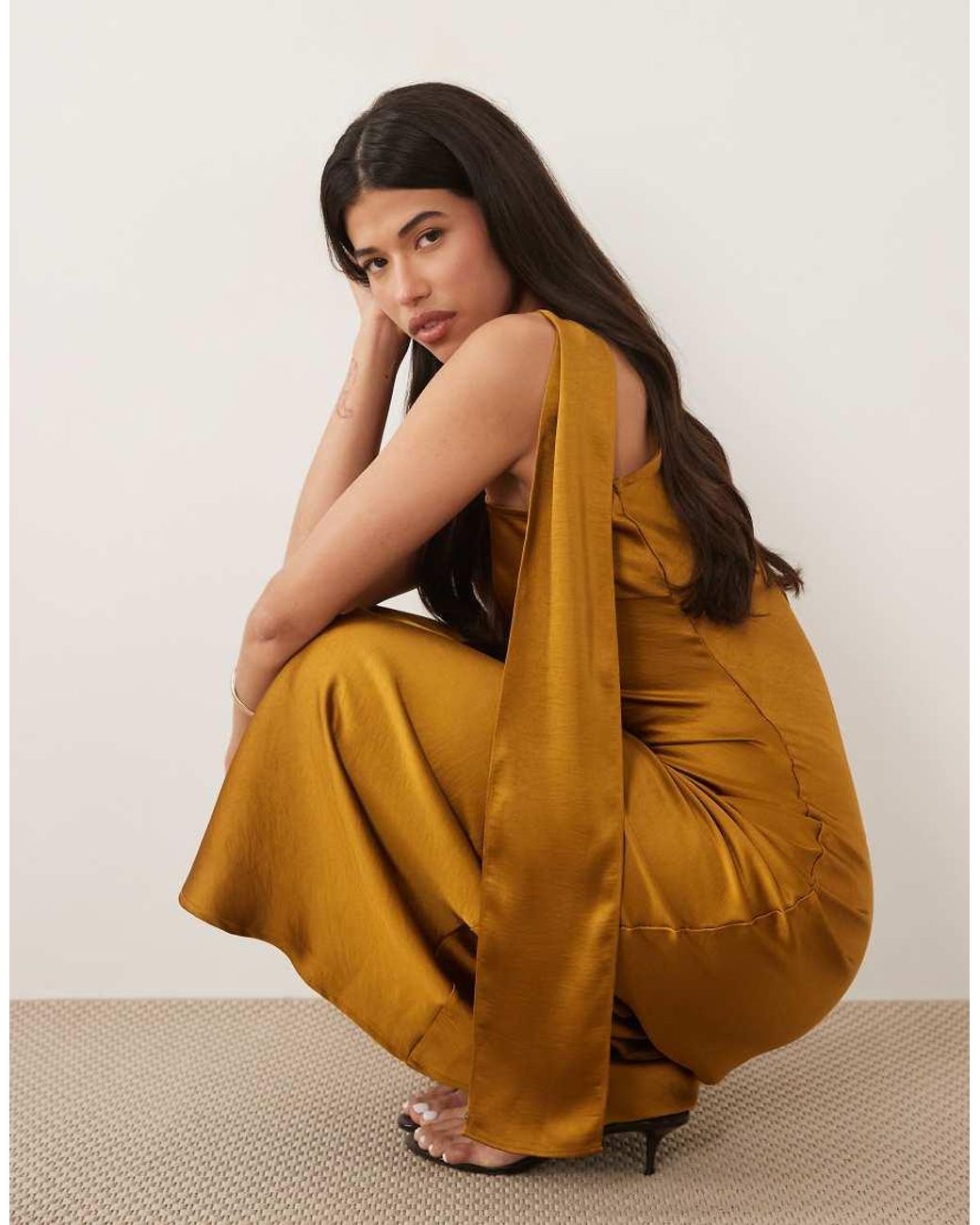 TFNC London Brown Satin One Shoulder Maxi Dress With Scarf