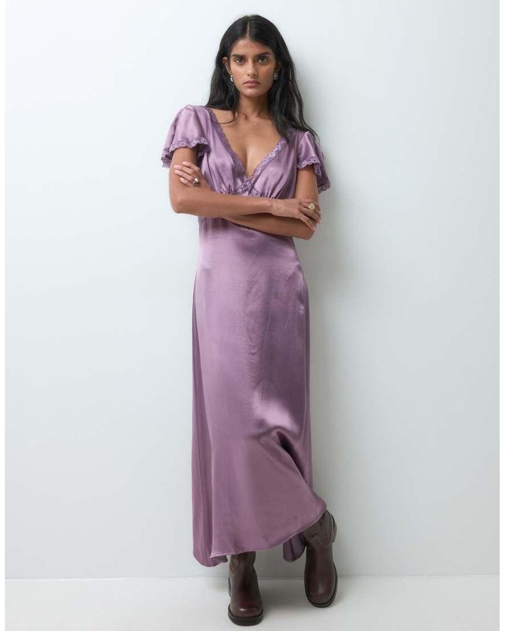Miss Selfridge Purple Satin Lace Midi Tea Dress