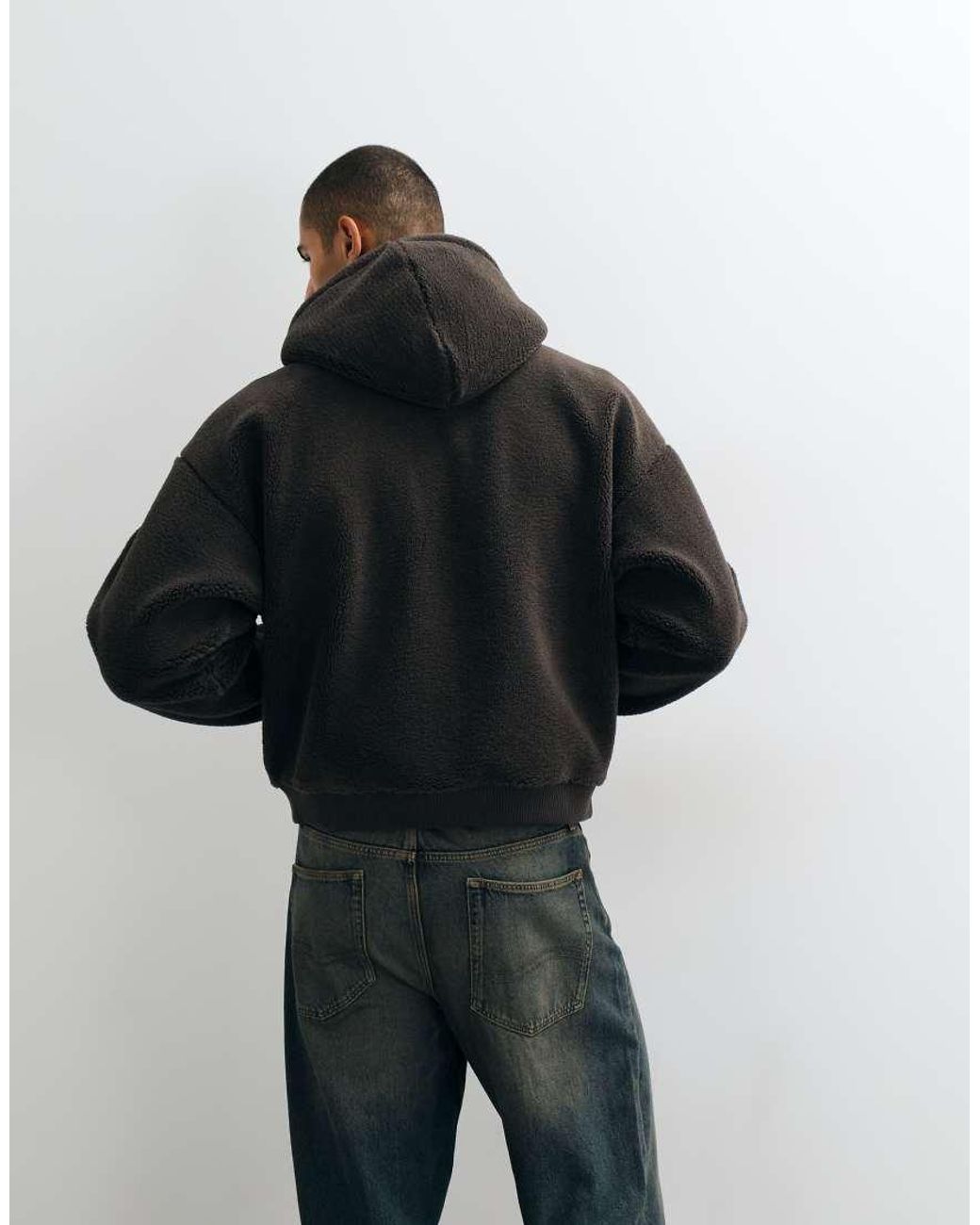 Weekday Black Oversized Borg Fleece Funnel Neck Zip Hoodie for men