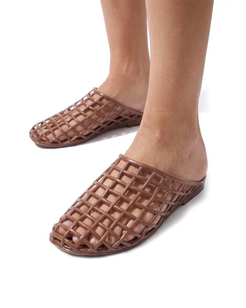 SEQWL Brown Jelly Mule Sandals Mesh Style Slip On Cage Cut-Outs Slides