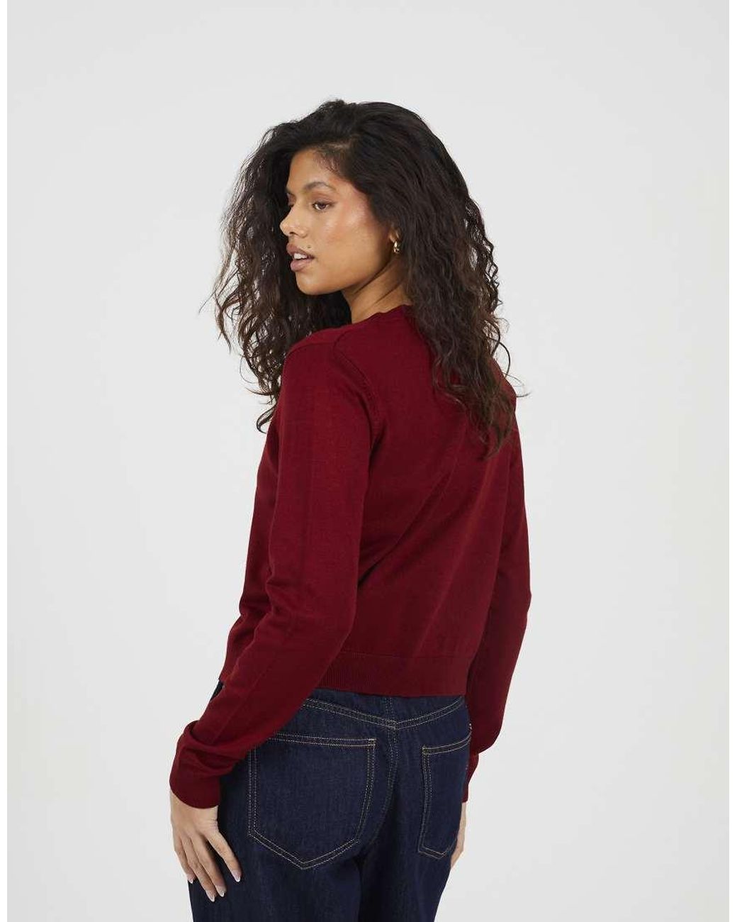 Brave Soul Red Crew Neck Cardigan With Metallic Buttons