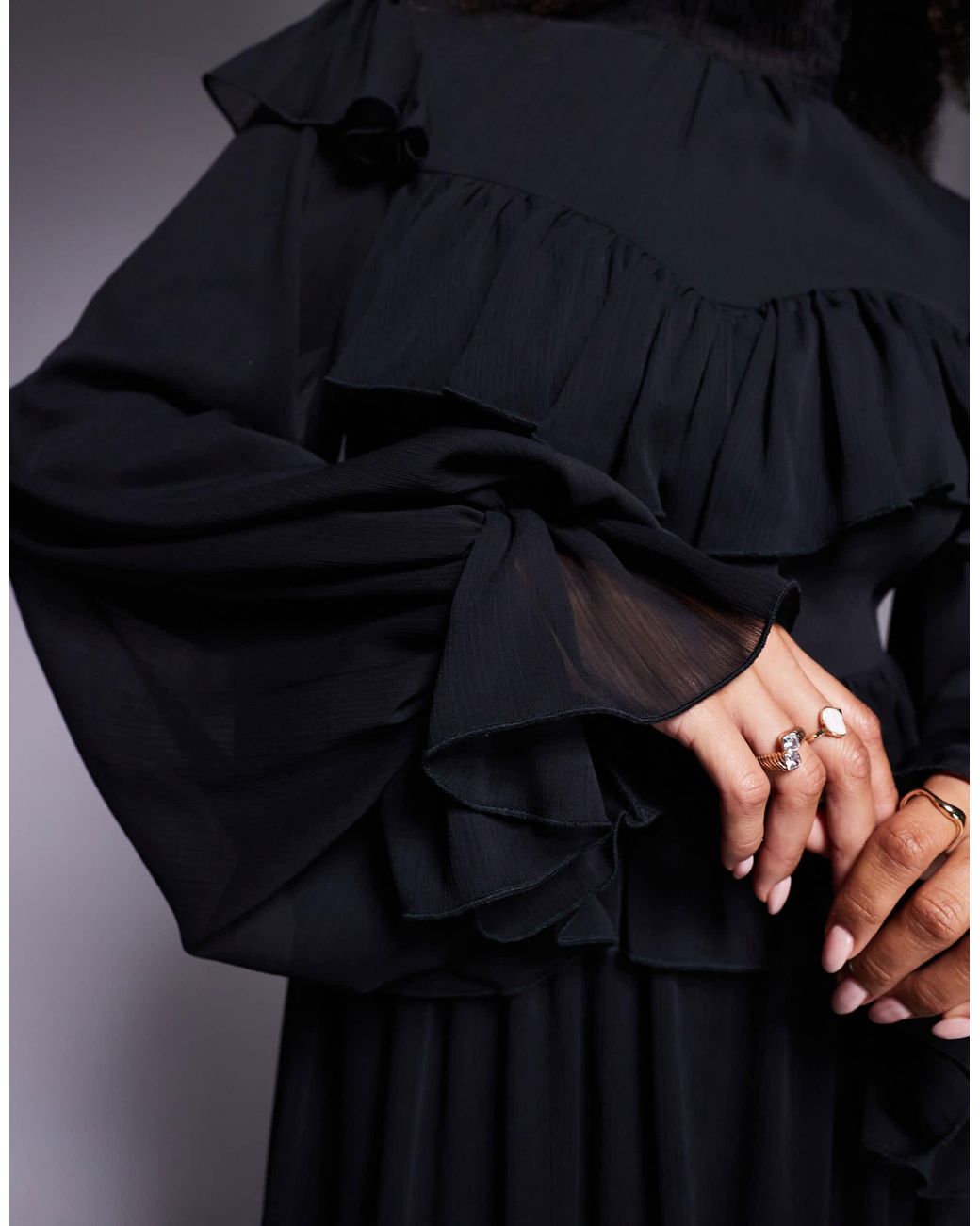 DASKA High Neck Chiffon Ruffle Maxi Dress in Black | Lyst