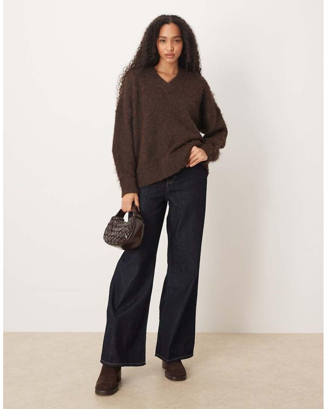 ASOS Brown Knitted Brushed V Neck Oversized Jumper