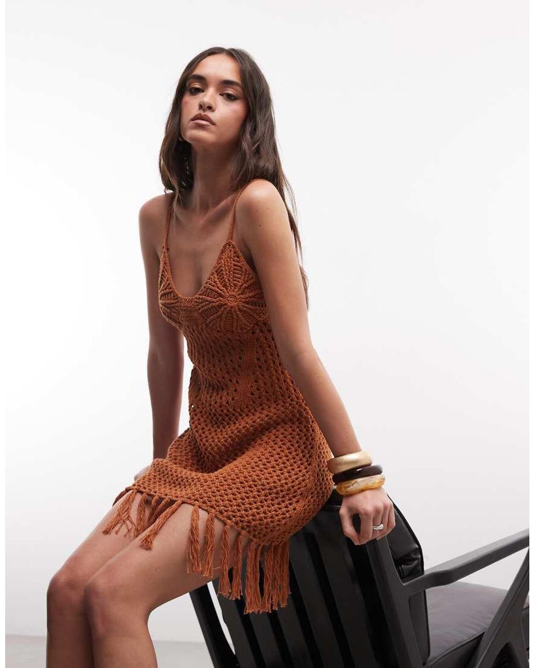 ASOS Brown Premium Hand Crochet Fringe Midi Dress