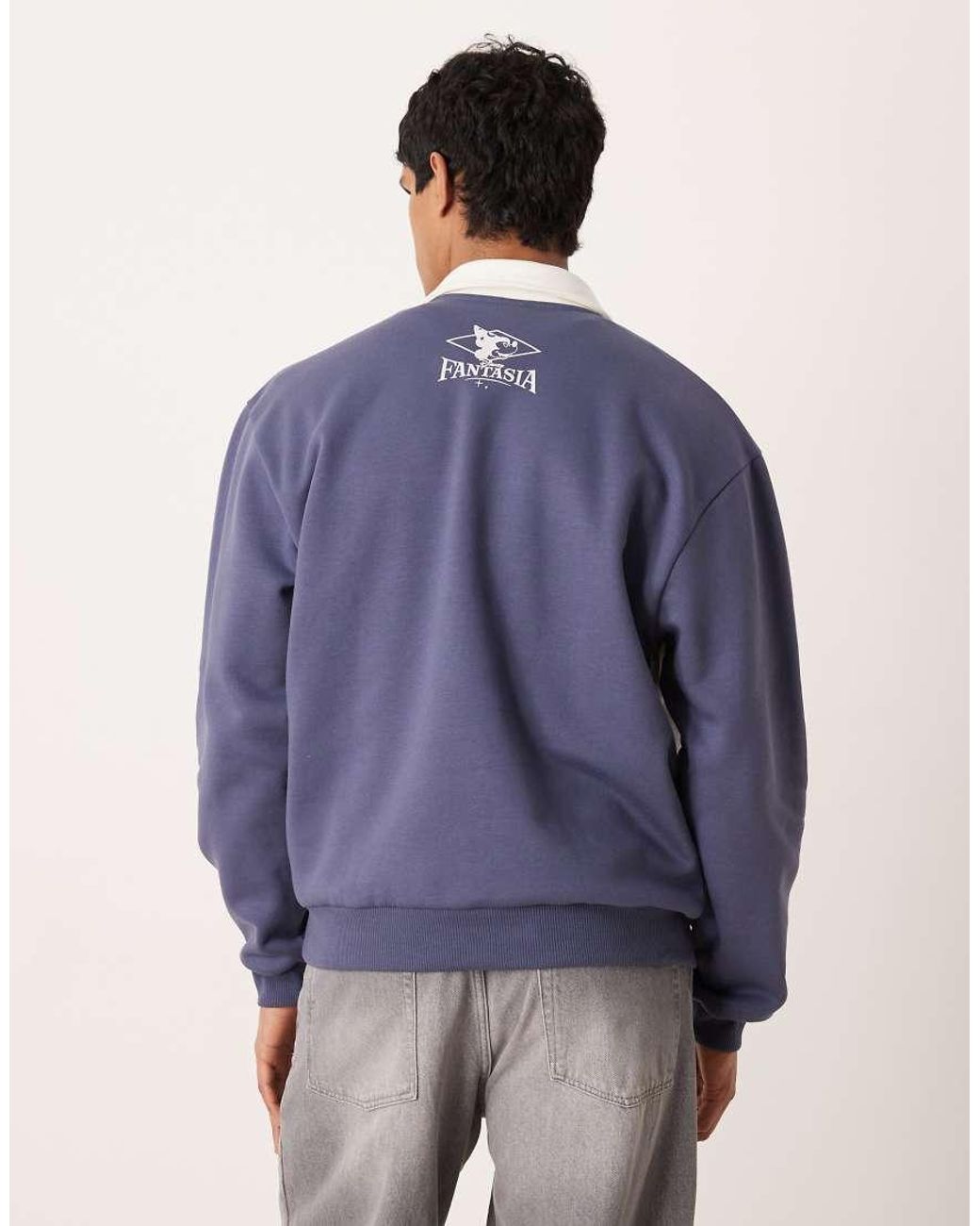 ASOS Blue Disney Fantasia Relaxed Cut And Sew Rugby Polo With Mickey Mouse Embroidery for men