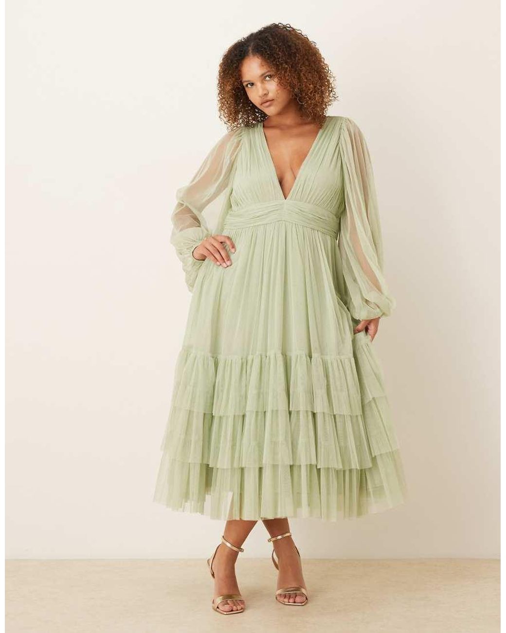 Lace & Beads Plus Green Bridesmaid Madison Long Sleeve Midi Dress