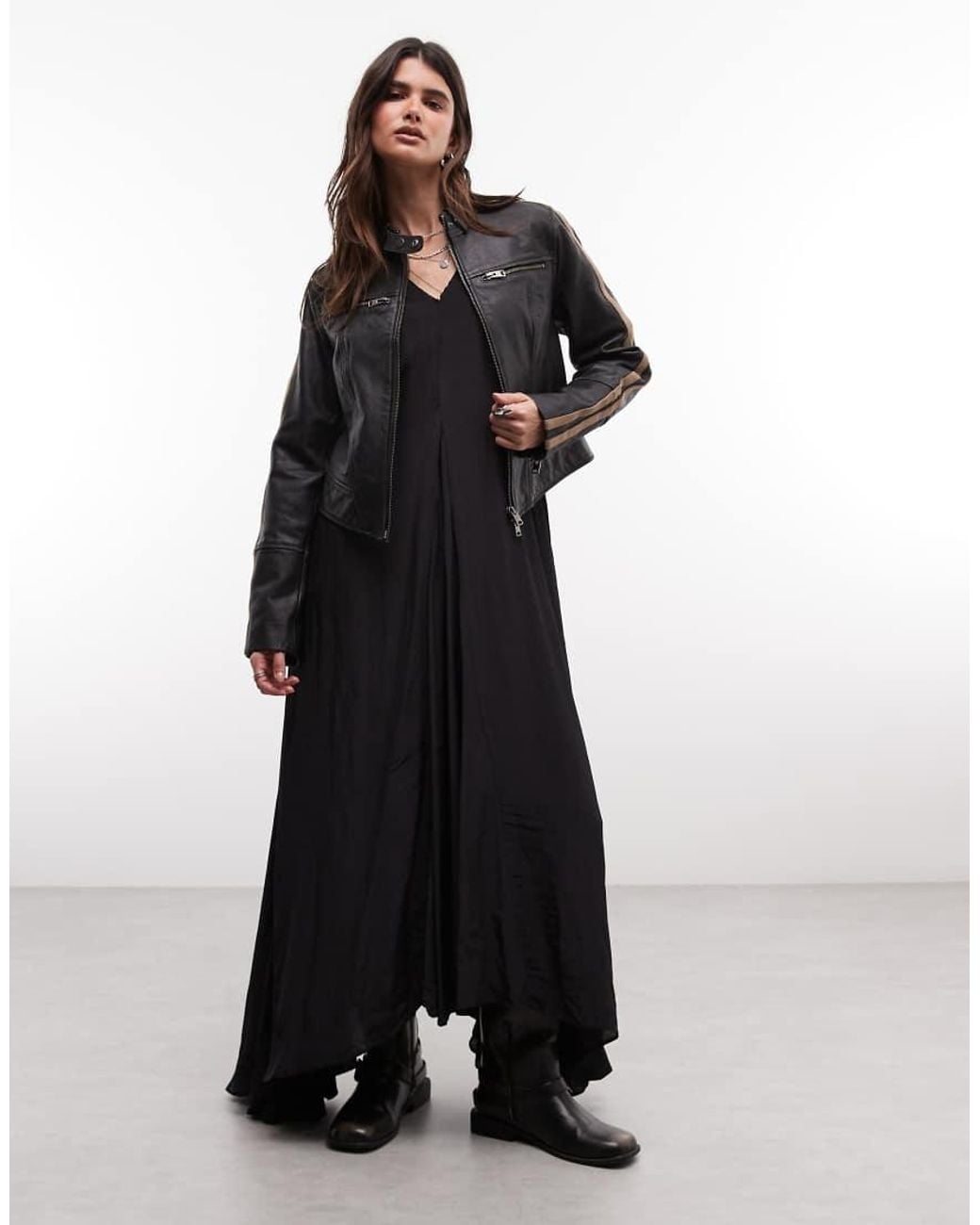 AllSaints Black tiggy Leather Biker Jacket With Racer Stripes And Zip Details
