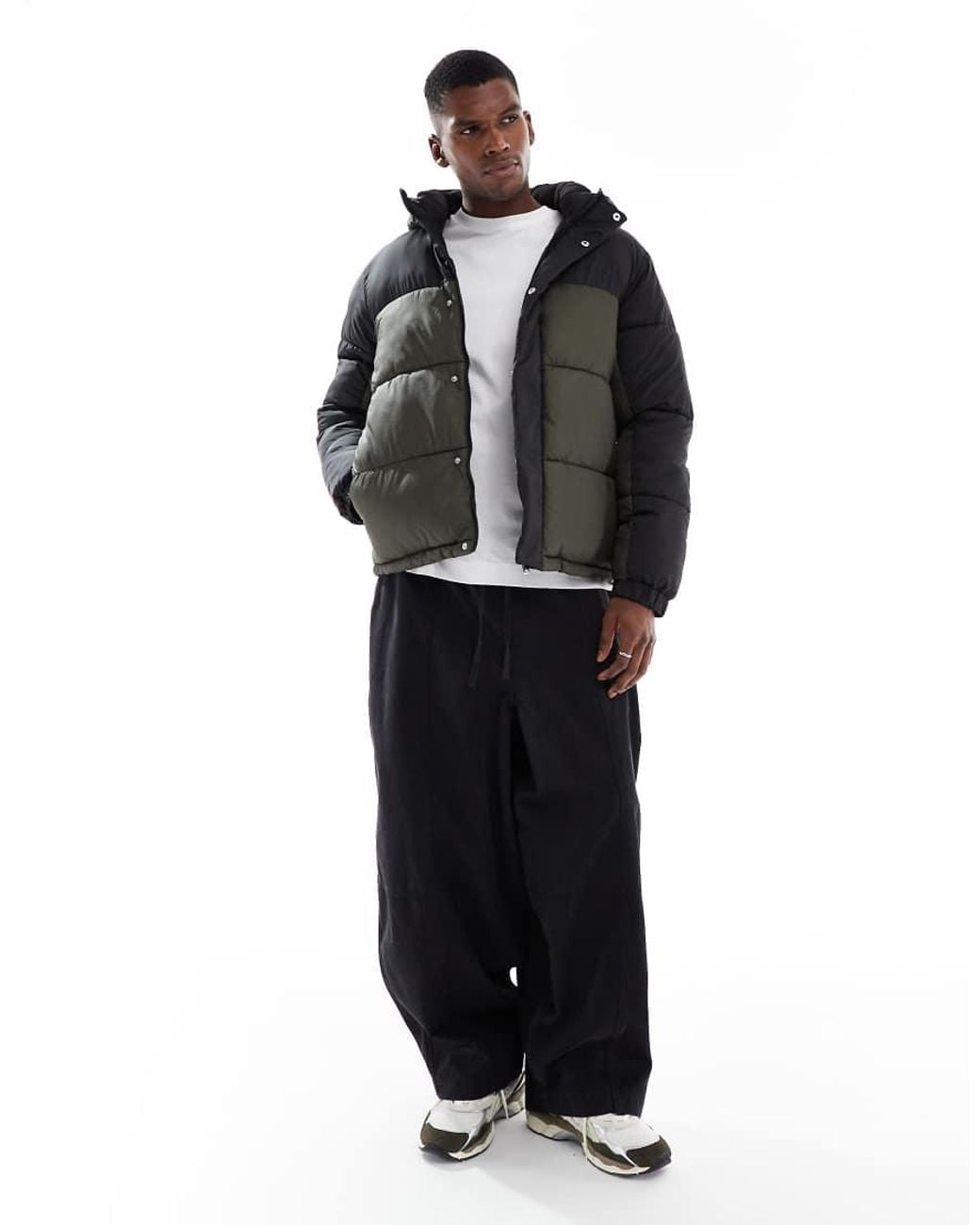 Jack & Jones Black Hooded Colour Blocked Puffer for men