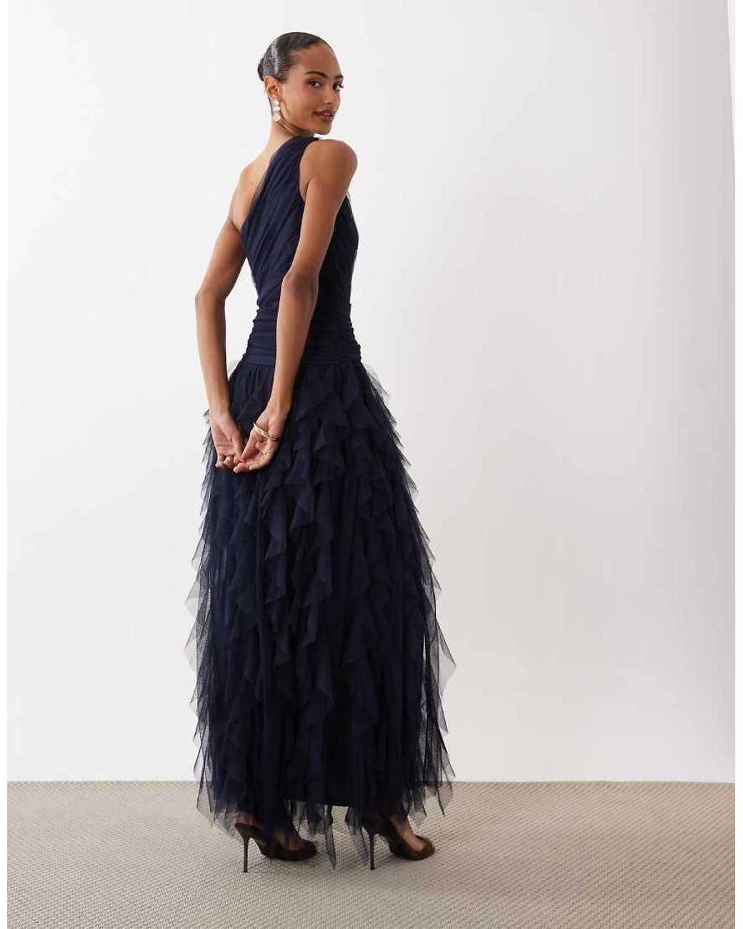 LACE & BEADS Blue Bridesmaid One Shoulder Waterfall Ruffle Maxi Dress