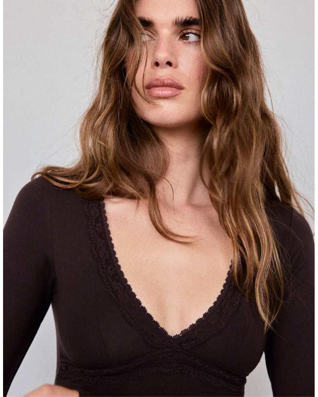 Stradivarius Black Long Sleeve V-neck Lace Top