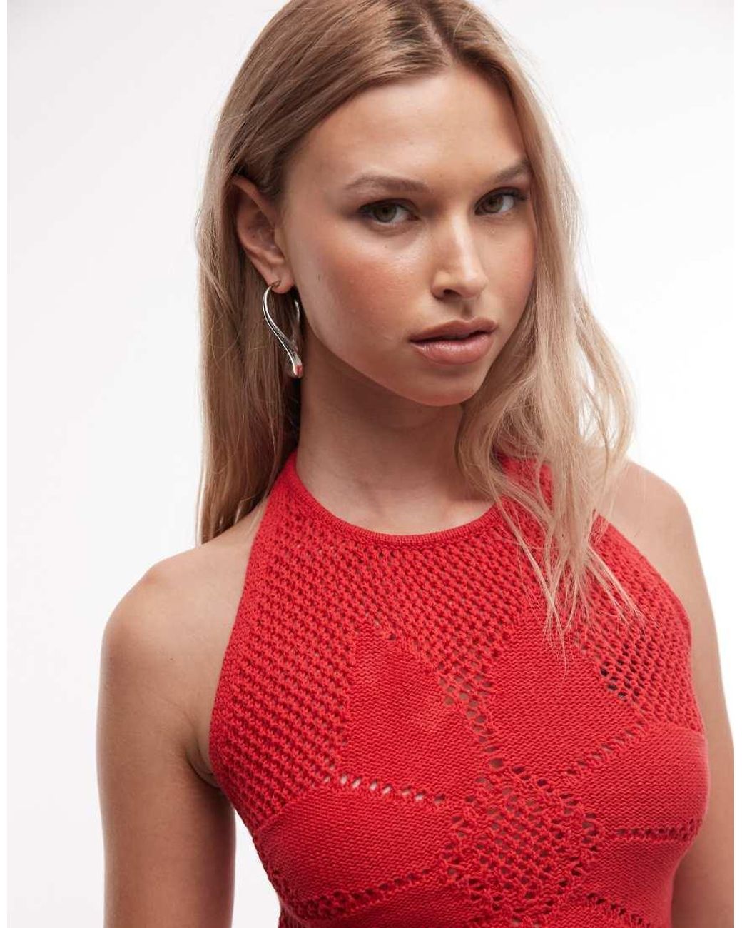 Reclaimed Vintage Red Crochet Halter Neck Dipped Hem Top
