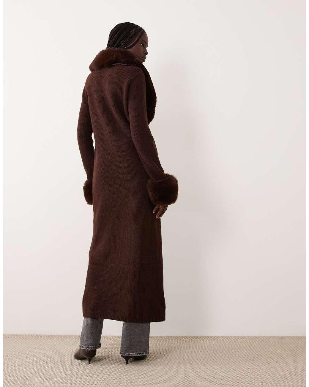 Miss Selfridge Brown Button Through Longline Cardigan With Fur Collar And Cuff