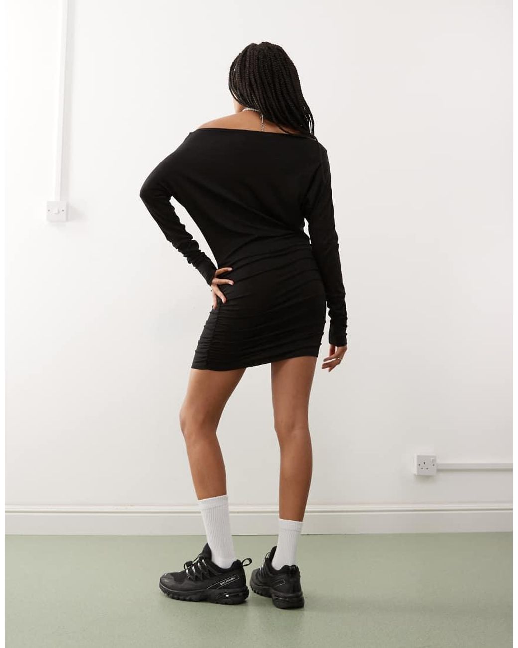 Weekday Black Off Shoulder Long Sleeve Mini Dress