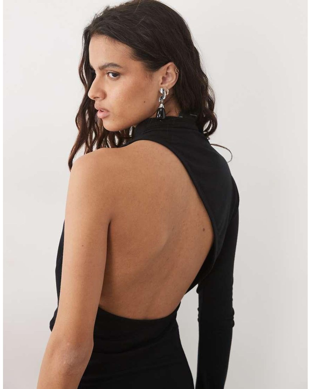 ASOS Black High Neck Asymmetric One Sleeve Maxi Dress With Slash Cutout Back