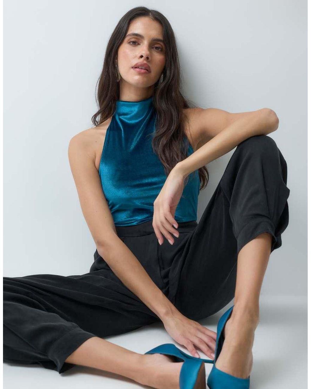 ASOS Blue Velvet Halter Bodysuit With Bow
