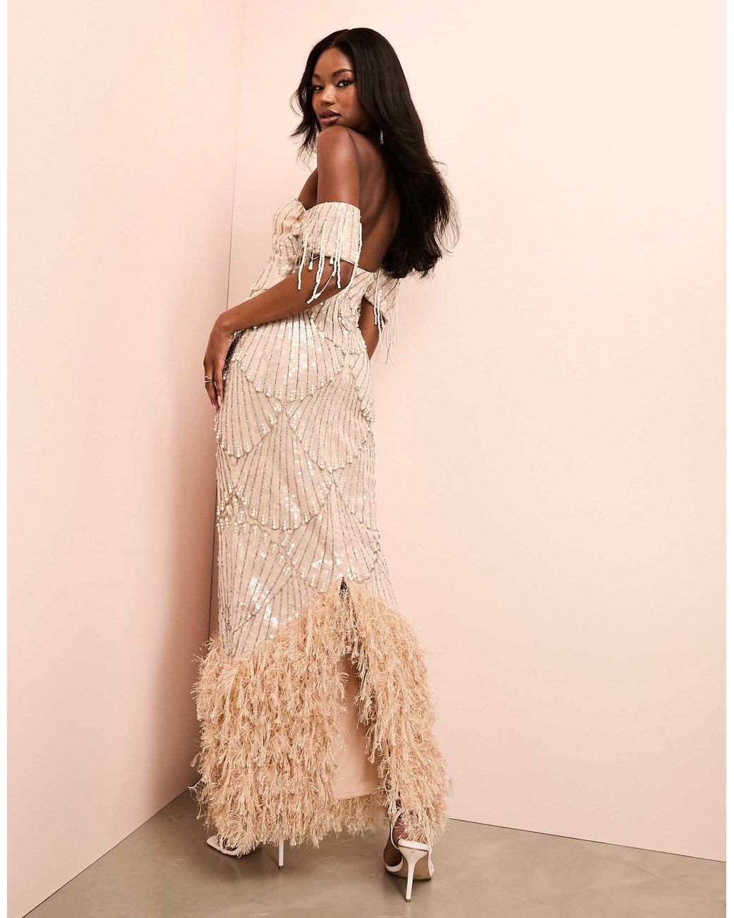 ASOS Off-shoulder Plunge Neck Pearl Embellished Maxi Dress With Faux Feather Details in Natural | Lyst ASOS Off-shoulder Plunge Neck Pearl Embellished Maxi Dress With Faux Feather Details in Natural | Lyst