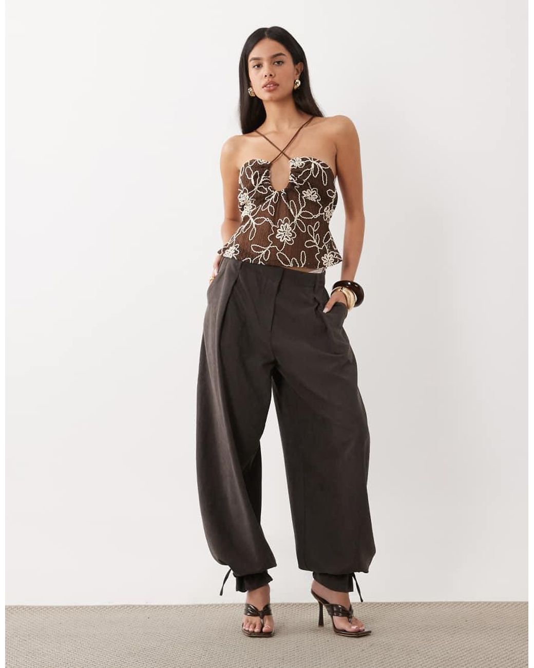 ASOS Brown Embroidered Crochet Halter Top