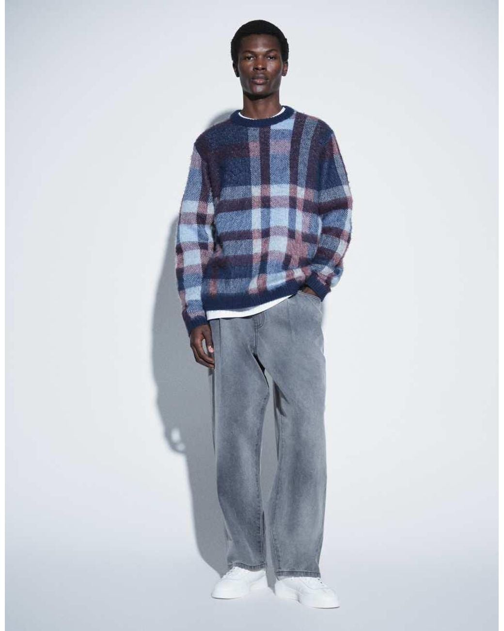ASOS Blue Oversized Knitted Brushed Plaid Jumper for men