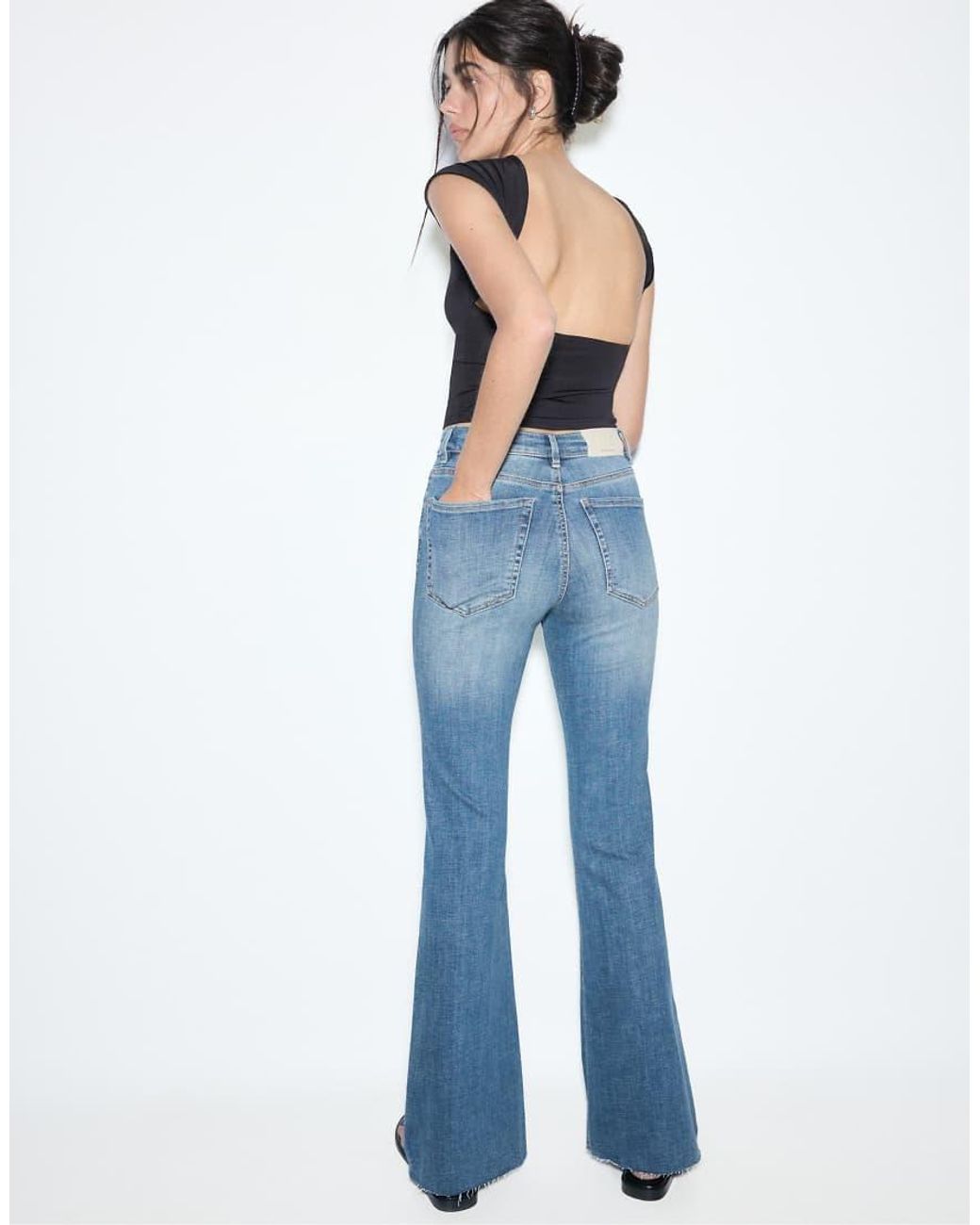 Stradivarius Blue D74 Bell Bottom Stretch Slit Jeans