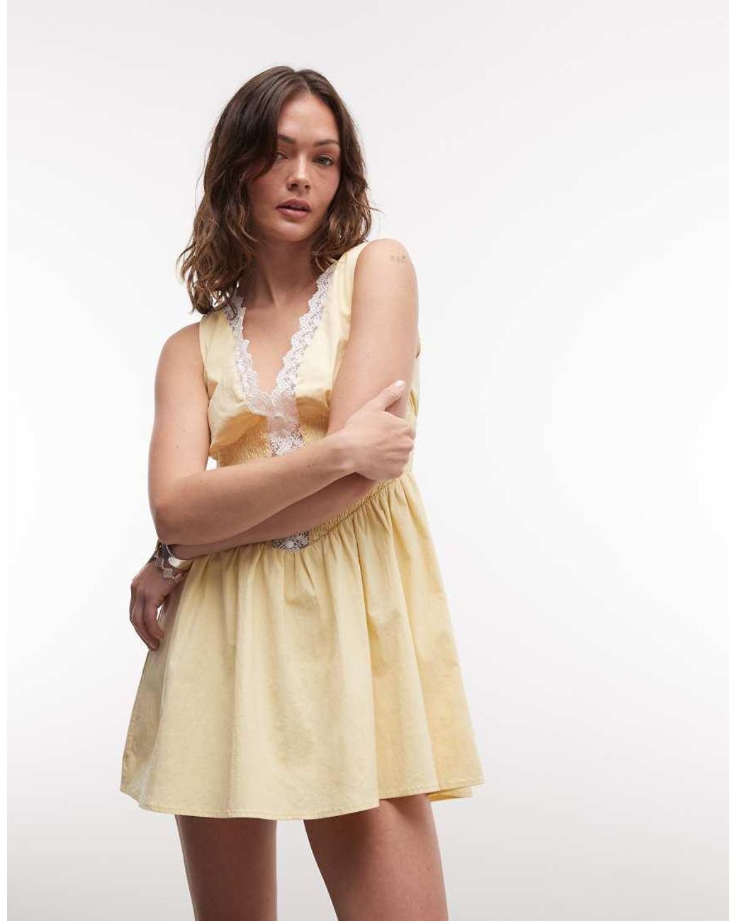 Daisy Street Natural V Neck Lace Detail Mini Dress With Shirred Waist