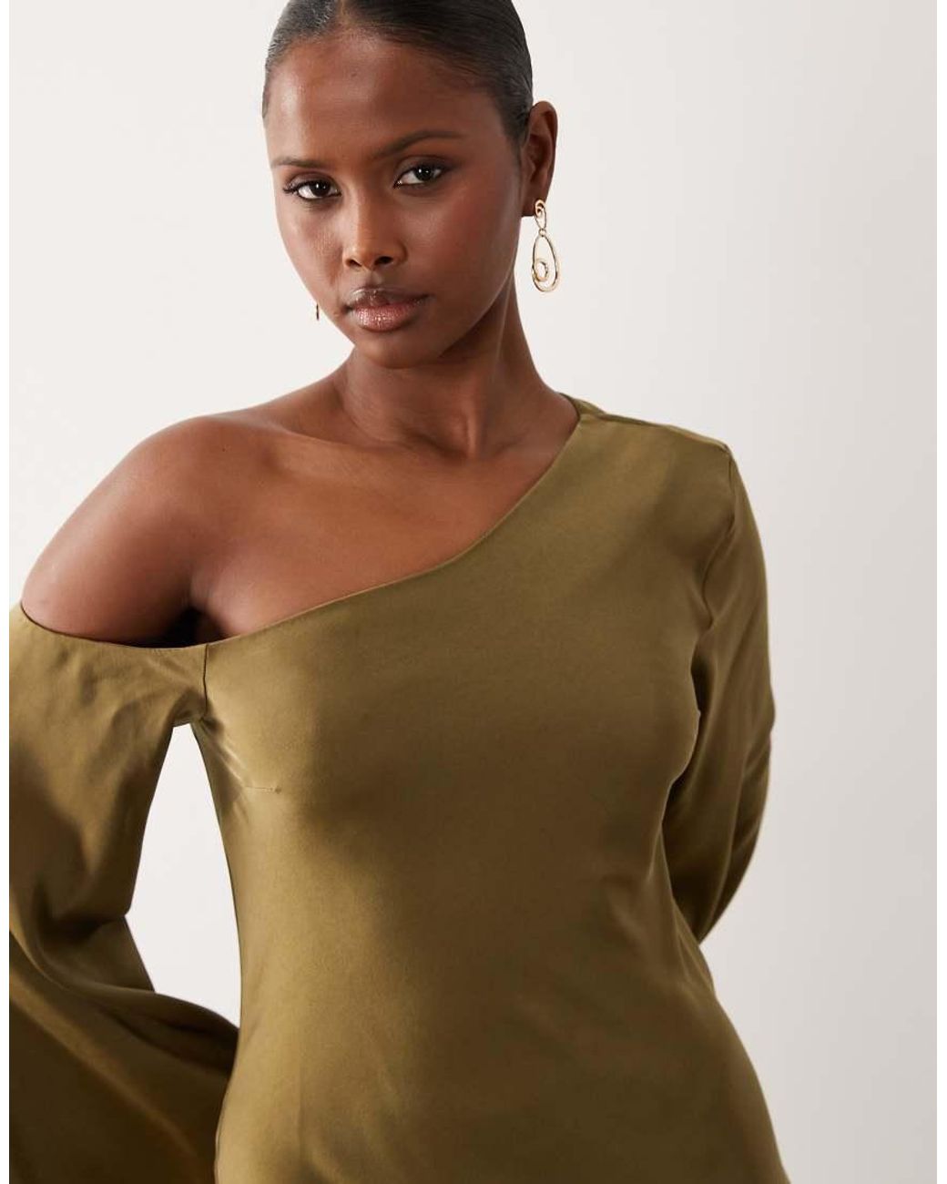 ASOS Natural Fallen Shoulder Long Sleeve Column Maxi Dress
