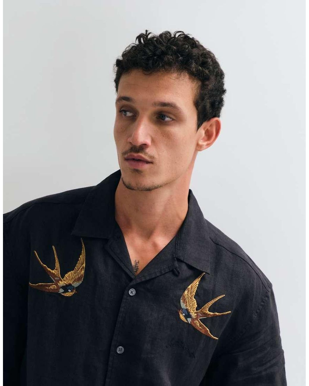 AllSaints Black Avia Short Sleeve Embroidered Sparrow Linen Shirt for men